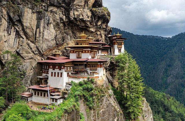 Paro Taktsang monastery in the upper Paro valley of Bhutan. Also known as the Taktsang Palphug Monastery and the Tiger's Nest, it is located in the cliffside of a mountain, around a cave where Guru Pa