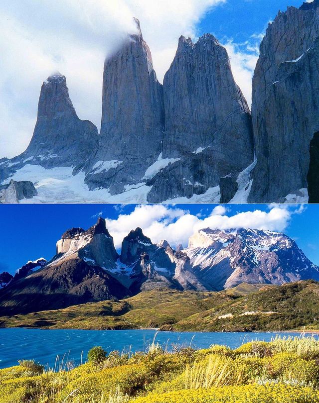 Towers of Paine (upper) and Paine Horns (lower); both are part of Cordillera Paine, in Magallanes Region, the most southern one of Chile.