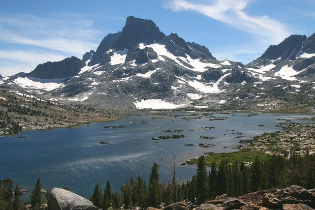 Thousand Island Lake (2997m) and Banner Peak (3943m), looking southwest from John Muir Trail/Pacific Crest Trail at 3080m, in the Ansel Adams Wilderness of the Sierra Nevada, California.